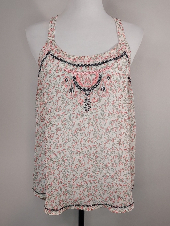 Maurices Tops - Maurices Off White Pink Green Floral Embroidered Semi Sheer Racerback Top Size M